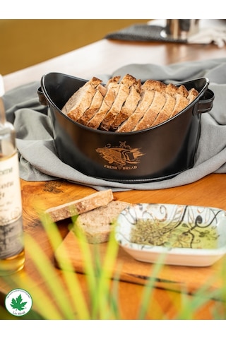Metal Kayık Ekmeklik, Gondol Ekmeklik, Ekmek Sepeti, Sunumluk Fresh Bread Baskılı - Siyah