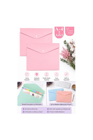 Pembe Çıtçıtlı Dosya Pastel Renk A4 2 Adet Dosy Plastik Renkli Zarf Dosya Çıt Çıtlı Dosya Ödev Evrak Belge Saklama