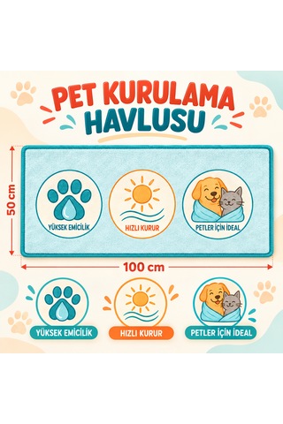 Kedi & Köpek Kurulama Havluları Pomeranian Desenli Hızlı Kuruyan 50x100cm