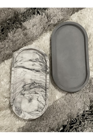 2'li Dekoratif Oval Sunumluk Seti, Dekoratif Biblo Takı Tabağı, Saksılık,tütsülük,mumluk - Gri-mermer Desenli
