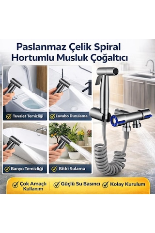 Coofbe Paslanmaz Çelik Sprial Hortum Taharet Musluğu Çoğaltıcı Sprey Tabanca Klozet & Banyo Temizleme Seti Gümüş