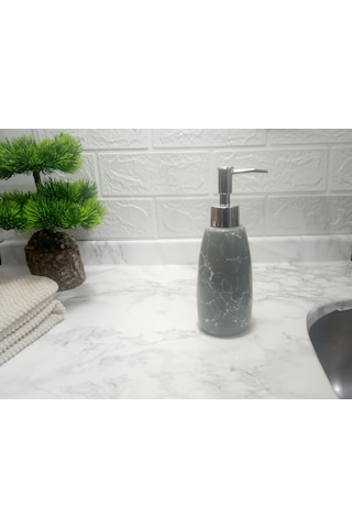Mermer Desenli Gri Sıvı Sabunluk 8x8x17cm 300ml Banyo Seti