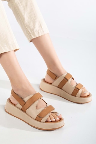 Analin Shoes Kadın Hakiki Deri Cırtlı Kalın Taban Sandalet Bej