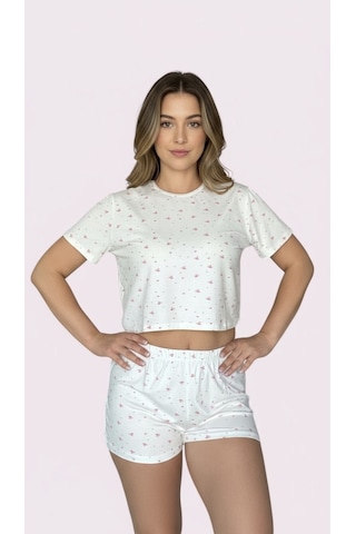 Merlot T-shirt Şort Örme Pijama Takımı Çiçek Baskılı