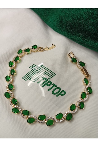 Tiptop / Rodyum Kaplama 3mm Oval Yeşil Zirkon Taşlı Su Yolu Bileklik Yeşil