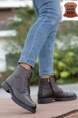 Garantili D4002 Hakiki Deri Soğuk Geçiremez Kışlık Erkek Bot Kahverengi