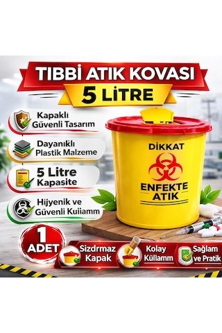 Tıbbi Atık Kovası 5 Litre 1 Adet Kapaklı Tıbbi Atık Kutusu Enfekte Atık Kovası