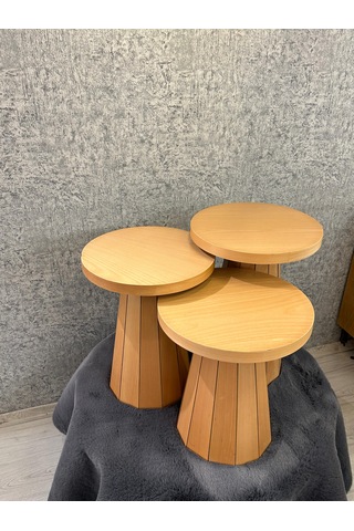 Kayın Kaplamalı Mdf Mantar Sehpa 3 Lü Set