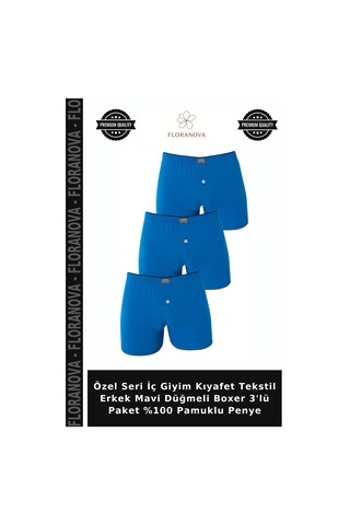 Floranova Özel Seri İç Giyim Kıyafet Tekstil Erkek Mavi Düğmeli Boxer 3'lü Paket %100 Pamuklu Penye
