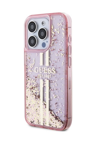 Apple Uyumlu iPhone 15 Pro Kılıf Guess Lisanslı Transparan Sıvılı Simli Altın Çizgili Kapak Pembe
