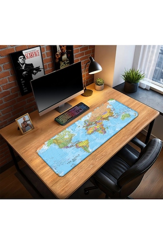 Dünya Haritası Oyun Gaming Klavye Mouse Pad Kaymaz Taban Kenarları Dikişli Su Geçirmez Masa Matı 70x30 Cm