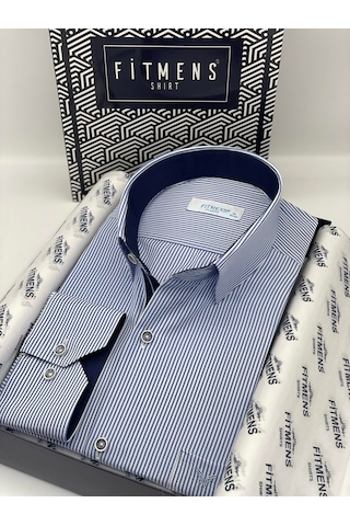 Fitmens Klasik Uzun Kol İnce Çizgili Cepli Hediye Kutulu Erkek Gömlek Fs-003317 - Saks Mavi-2296