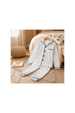 Bebelove Kız Çocuk Kalp Desenli Düğmeli Pijama Takımı Beyaz Beyaz - Siyah