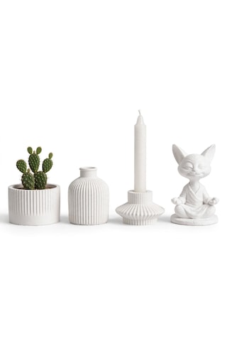 Zen Garden Seti 4 Parça - El Yapımı - Rillen Vazo Saksı Mumluk Ve Zen Cat Figürü - Taş Tozu - Beyaz