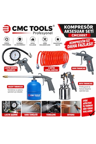 Kompresör Aksesuar Seti 5 Metre Hortum-hava-boya-mazot-tabancası-lastik Şişirme Tabanca Cmc0897