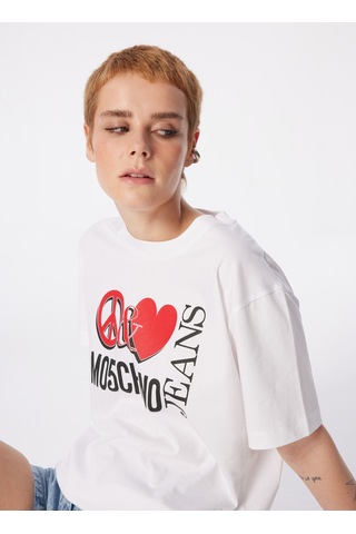 Moschino Jeans Beyaz Kadın Yuvarlak Yaka Baskılı T-shirt 241k1j0709