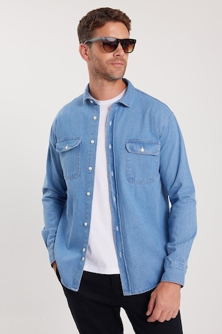 Tudors Erkek Relax Fit Rahat Kesim Spor Yaka Çift Cep Kapaklı Denim Gömlek-37941 Açık Mavi
