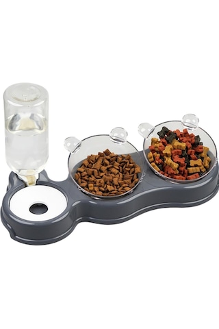 Çift Hazneli- 3' Lü Beslenme Mama Ve Su Kabı Gri 500ml 36 21 16 Cm