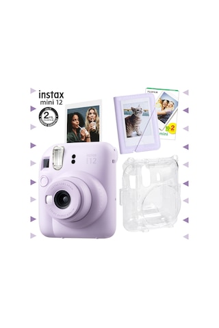 Fujifilm Instax Mini 12 Fotoğraf Makinesi + 20'li Film + Mini Albüm + Şeffaf Kılıf Seti Lila