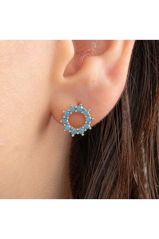 Altın Küpe - 14 Ayar Altın Yuvarlak Firuze Turkuaz Taşlı Küpe Sarı