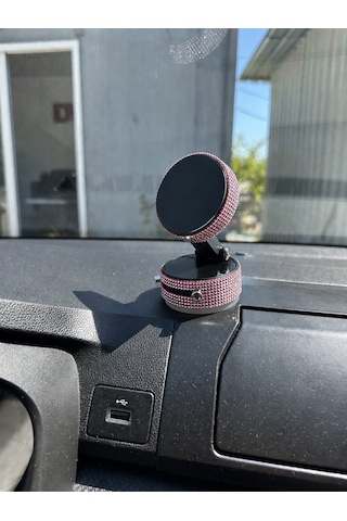 Kadınlara Özel Kristal Taşlı Toz Pembe Araç Telefon Tutacağı Oto Telefon Tutucu
