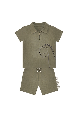 Denokids Dinozor Erkek Bebek Çocuk Müslin Şort Gömlek Takım Çok Renkli