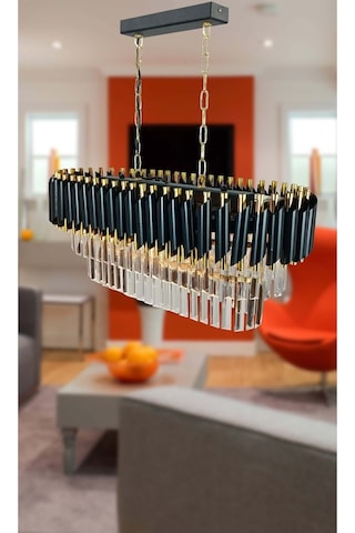 Zamira 75x35 Cm Gold Kristal Taşlı Lüks Yemek Masası Üstü Avize 6'lı - Yatak Odası - Salon - Mutfak - Hol Altın