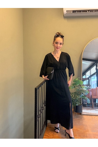 Ali Butik Siyah Yarasa Kol Kruvaze Yaka Viskon Elbise