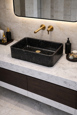 Mermer Desenli Tezgah Üstü Çiftlik Model Taş Lavabo 60 X 40 Cm Siyah