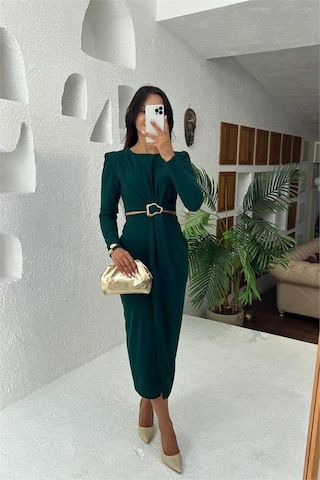Neşeli Butik Kadın Bel Dekolteli Toka Detaylı Uzun Kollu Elbise Nbmy3655 Yeşil