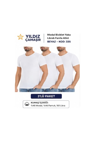 Yıldız Çamaşır Erkek Modal Bisiklet Yaka Likralı Fanila Atlet 335-336-337-338 - 3 Adet Beyaz