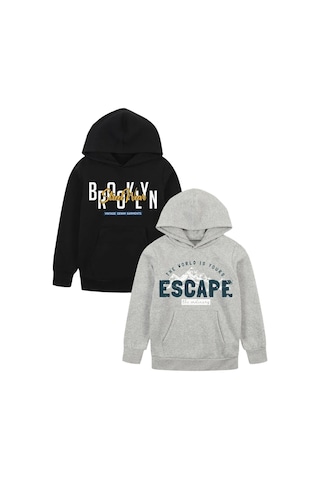 Panios Kids 4'lü Do This-street-sk-world Baskılı Erkek Çocuk Kanguru Cepli Kapüşonlu Sweatshirt Siyah - Gri