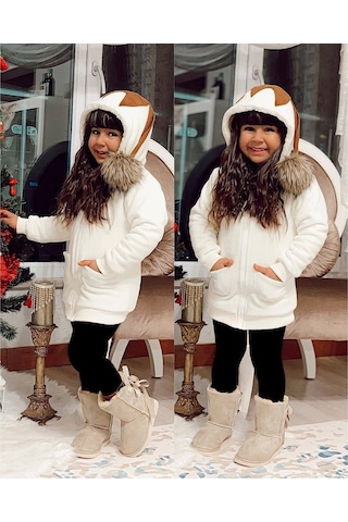 Quzucuk Kids 3 Çınar Kız Çocuk Kapşonlu Kışlık Peluş Ceket Kemik