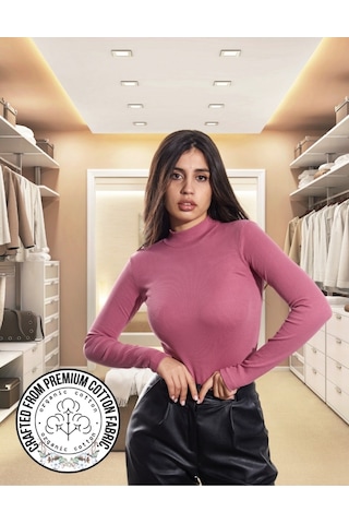 Kaşkorse Yarım Boğaz Body Sweatshirt, Fitilli Kumaş, Likralı, Bordo Gül Kurusu