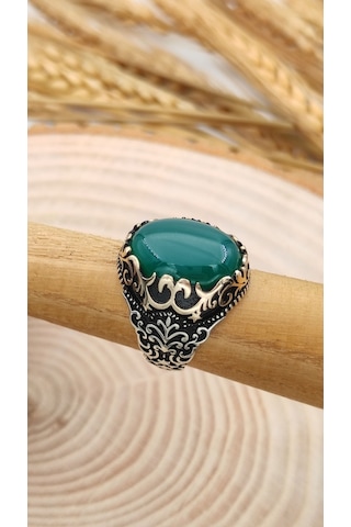 Gümüş Erkek Yüzük Yeşil Akik Taşlı