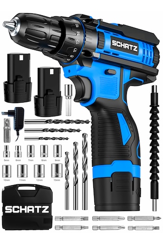 Schatz 12v Çift Akülü Çelik Şanzıman Bakır Sargılı Şarjlı Vidalama Matkap Mavi + 24 Parça Set