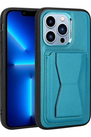 Apple Uyumlu iPhone 13 Pro Max Uyumlu Kartlıklı Standlı Pu Deri Zore Memo Kılıf-mavi Mavi -