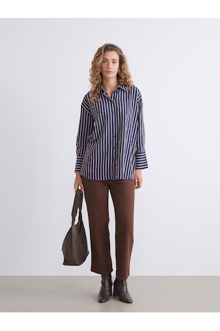 Lcw Modest Lacivert Çizgili Oversize Kadın Gömlek Tunik