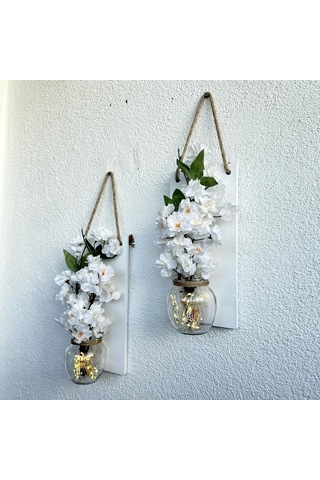 Led Işıklı, Lüx Beyaz Bahardalı Çiçekli Duvar Dekoru Beyaz İkili Set Beyaz