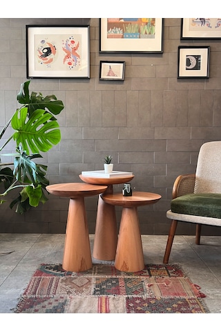 3'lü Zigon Mantar Sehpa Mushroom Masif Ahşap Modern Yan Sehpa Takımı Siyah