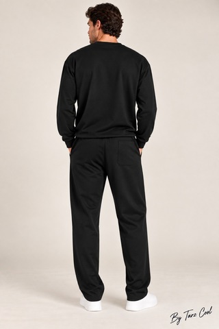 Tarz Cool Erkek Oversize %100 Oyşo Bisiklet Yaka Sweatshirt Bol Paça Alt Üst Takım Siyah