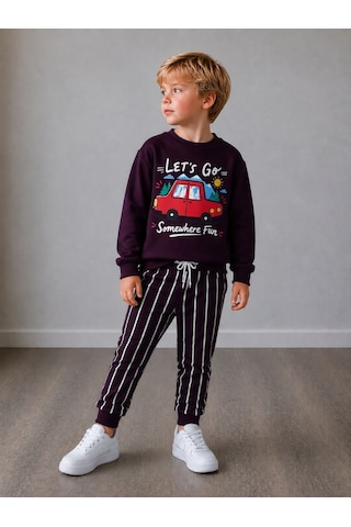 Let's Go Somewhere Fun Araba Baskılı Sweatshirt&eşofman Erkek Çocuk Alt Üst Takım Fuşya