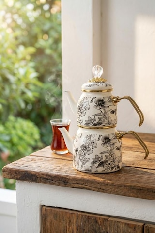Acar Xap-10386 Scottish Garden Mini Emaye Çaydanlık Takımı Beyaz
