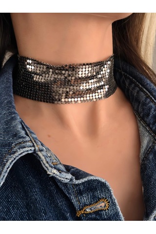 Arpa Pul Payet Zırh Metal Geniş Model Antrasit Choker Kolye Antrasit Çok Renkli