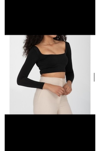 River Island Kadın Siyah Uzun Kollu Kare Yaka Crop Bluz Siyah