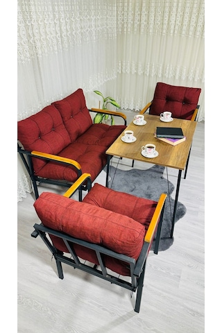 Madame Home Kadife Balkon, Bahçe,teras,cafe - Salon - Metal Kanepe Koltuk Takımı - 2+1+1 + Masa Bordo