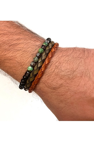 %100 Deri&hematit 3lü Erkek Bileklik Set 21 Cm Türk El Üretimi