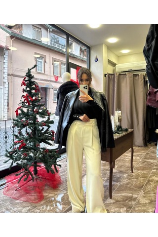 Ayçagüney Örme Kumaş Beli Kuşaklı Bol Pantolon - Vanilya Vanilya