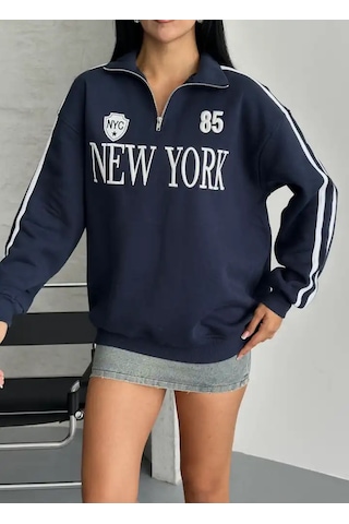 Yarım Fermuarlı Newyork Yazılı Sweat Lacivert