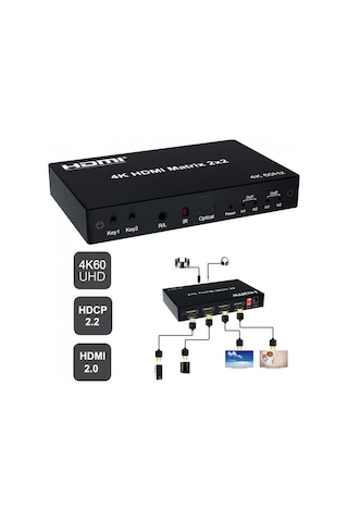 2x2 Hdmı Matrix 4k 60hz Değiştirici 2 İn 2 Out Optik & R/l Ses Çıkışı